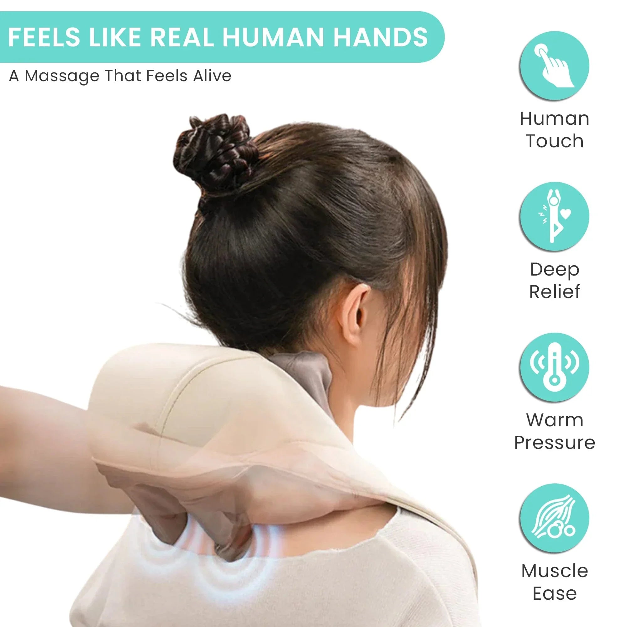 Woman using neck and shoulder massager for deep muscle relief and warm pressure therapy