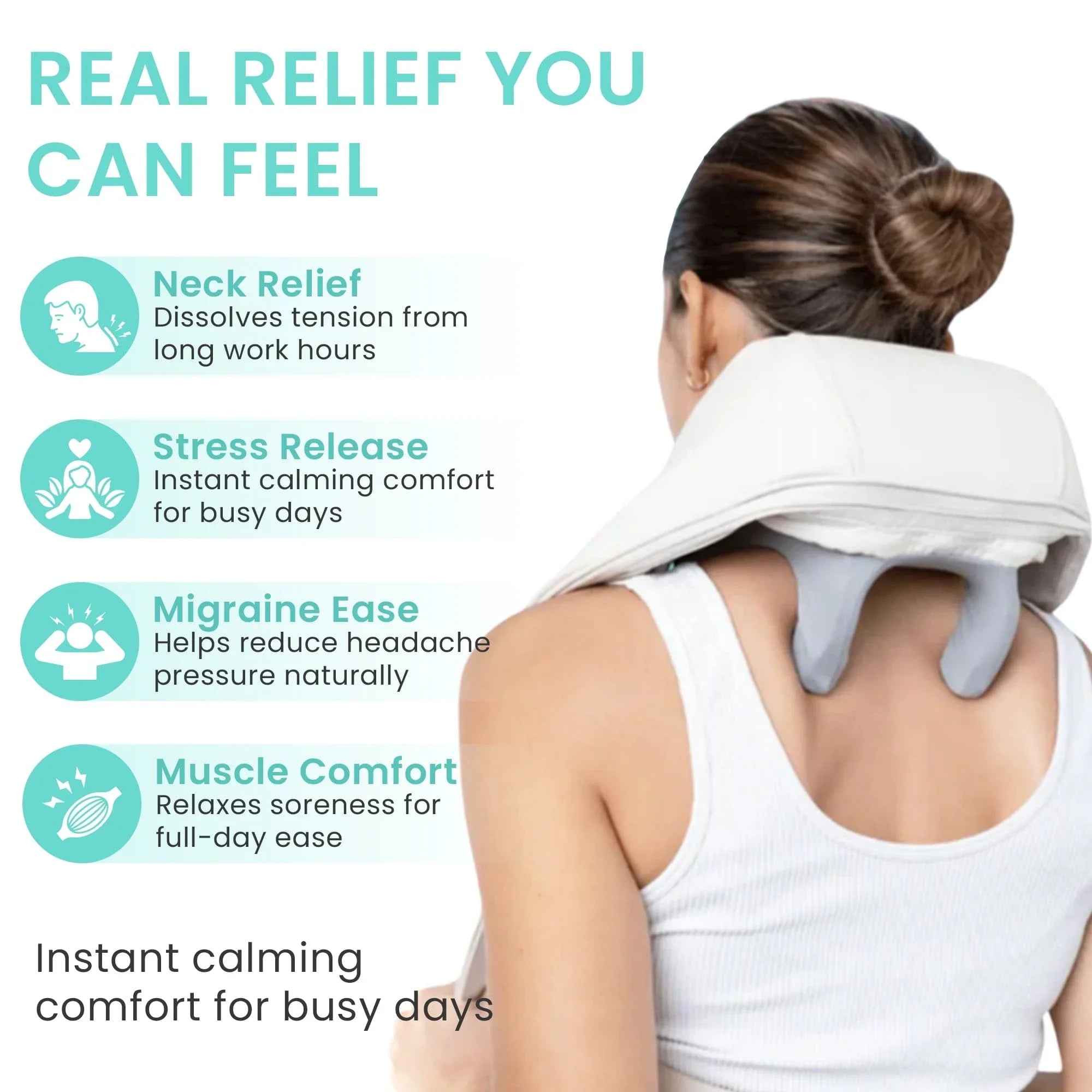 Woman using a neck massager on upper back, promoting neck pain relief, stress release, and muscle comfort.