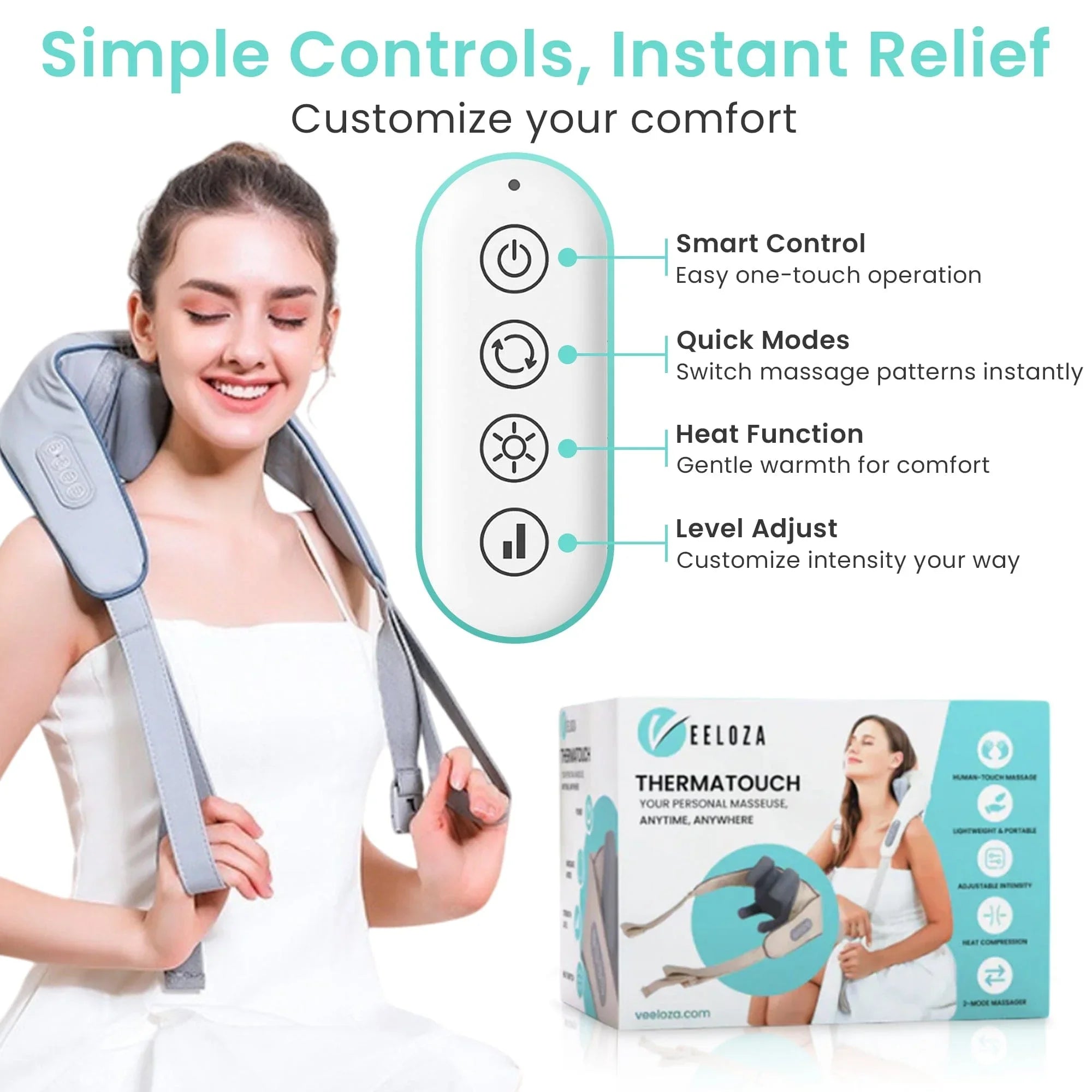Woman using neck massager with easy controls, showing product box and feature icons.