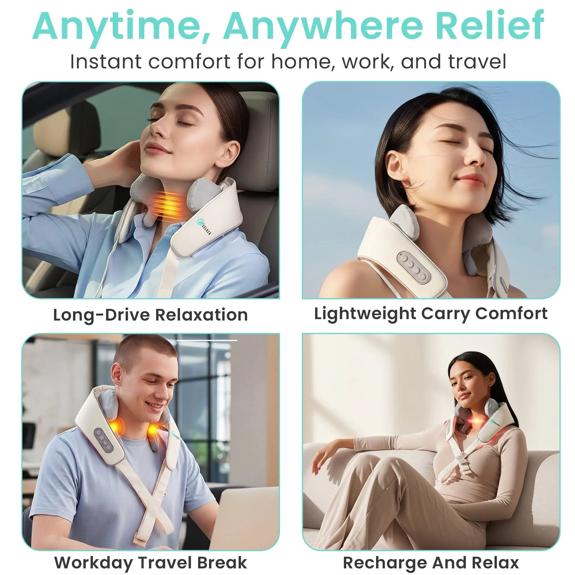 Collage showing men and women using a heated neck massager for relaxation at home, office, and in a car.