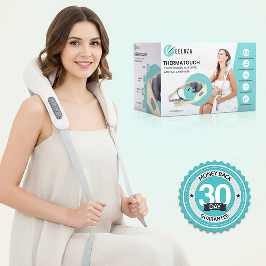 Woman using a neck massager with control buttons, product box and 30-day guarantee badge shown