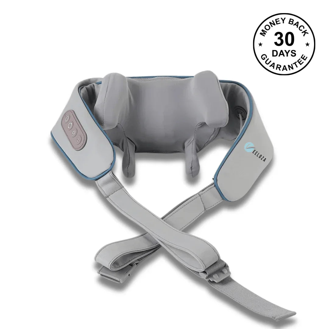 Gray electric neck massager with control buttons, adjustable straps, and 30-day money back guarantee badge.