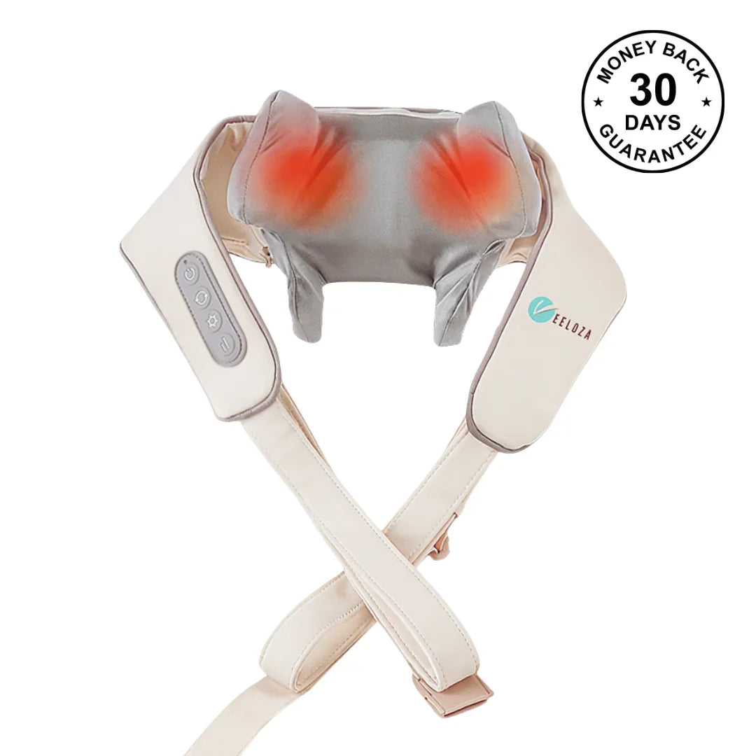 Heated neck massager with arm straps, control panel, and 30-day money-back guarantee badge.