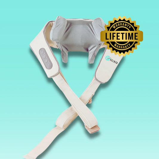 Neck massager with control buttons and lifetime warranty badge on teal background